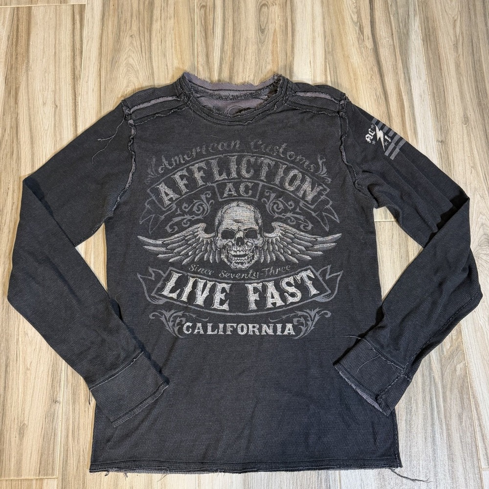 Y2K Affliction Shirt Mens XL Grey Reversible Thermal Distressed Grunge Alt READ